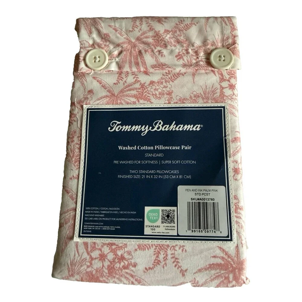Tommy Bahama Pen Ink Palm Pink Standard Pillowcases 100% Cotton Set of 2